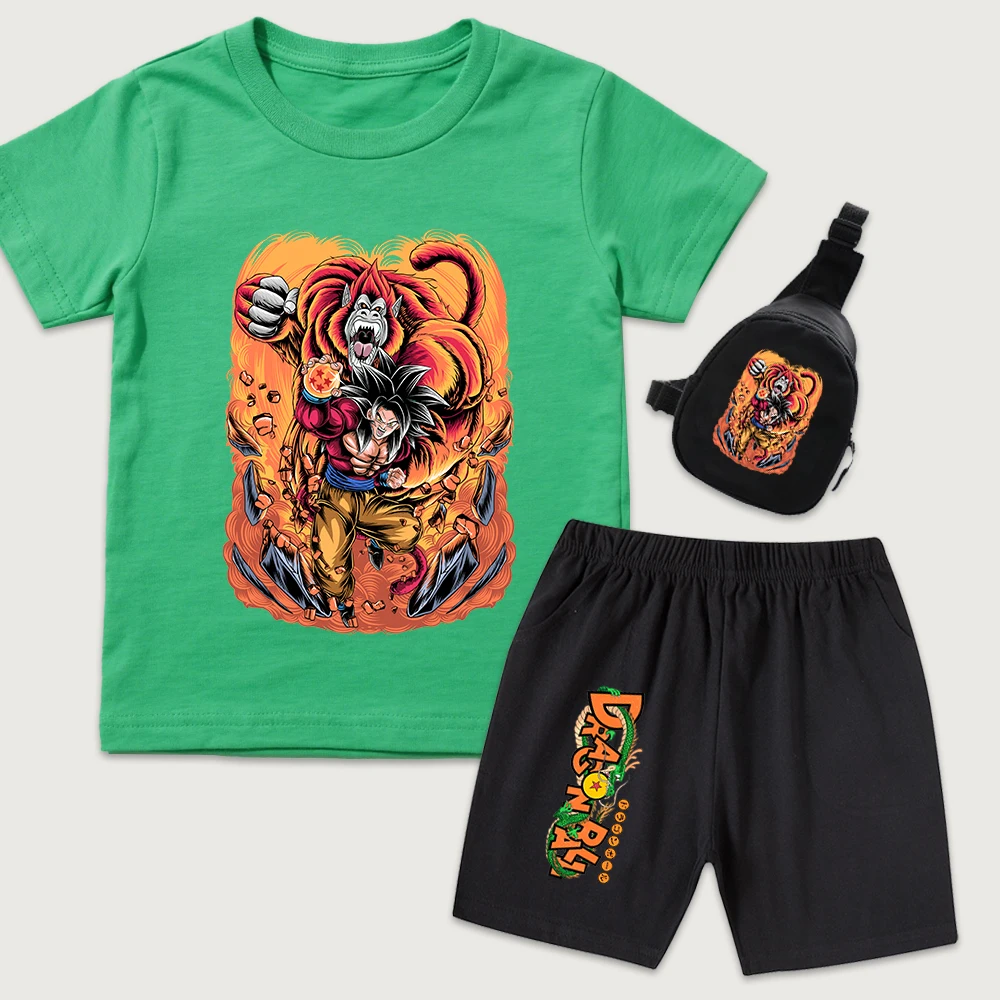 Dbz Great Ape Anime Print Cotton T Shirt and Shorts Set with Mini Chest Bag for Kids Boys Girls 3pcs Set
