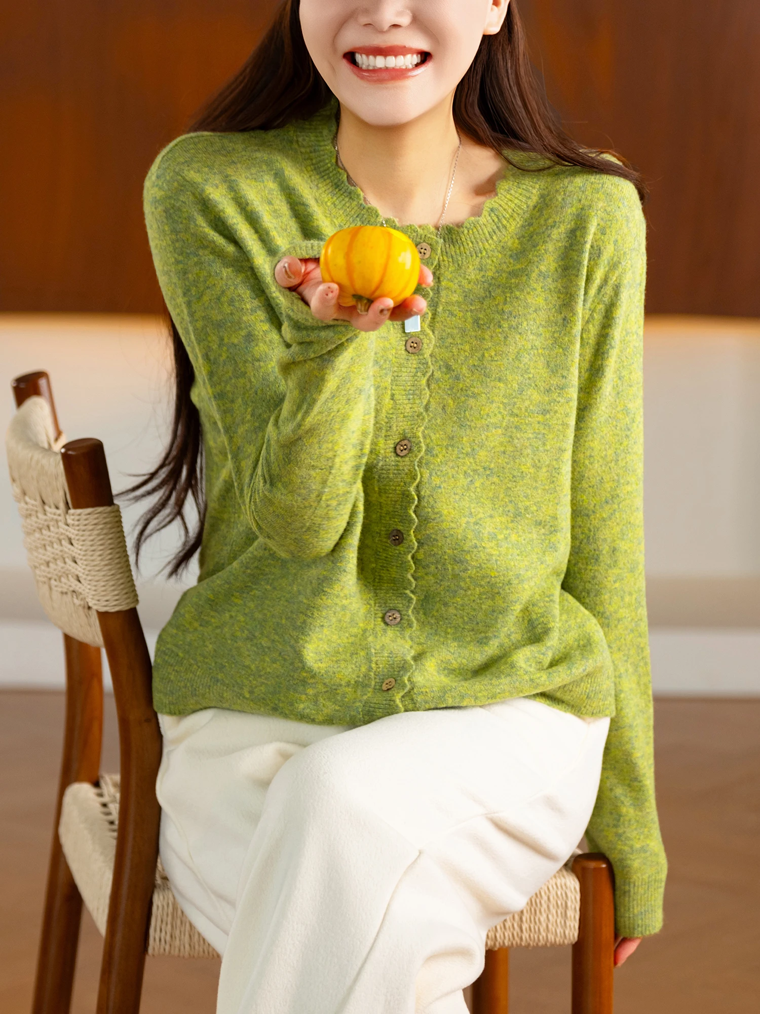 Knitted Wool Blend Open Cardigan with Wave  round Neck Flower Dyeing Silk Velvet Feel Casual Loose Fit Long Sleeve Women'...