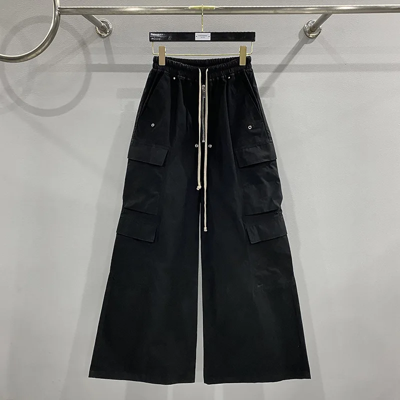 Calça preta de pernas largas masculina e feminina, roupa casual, bolsos grandes, perna larga solta, rua alta, Rick, 24ss