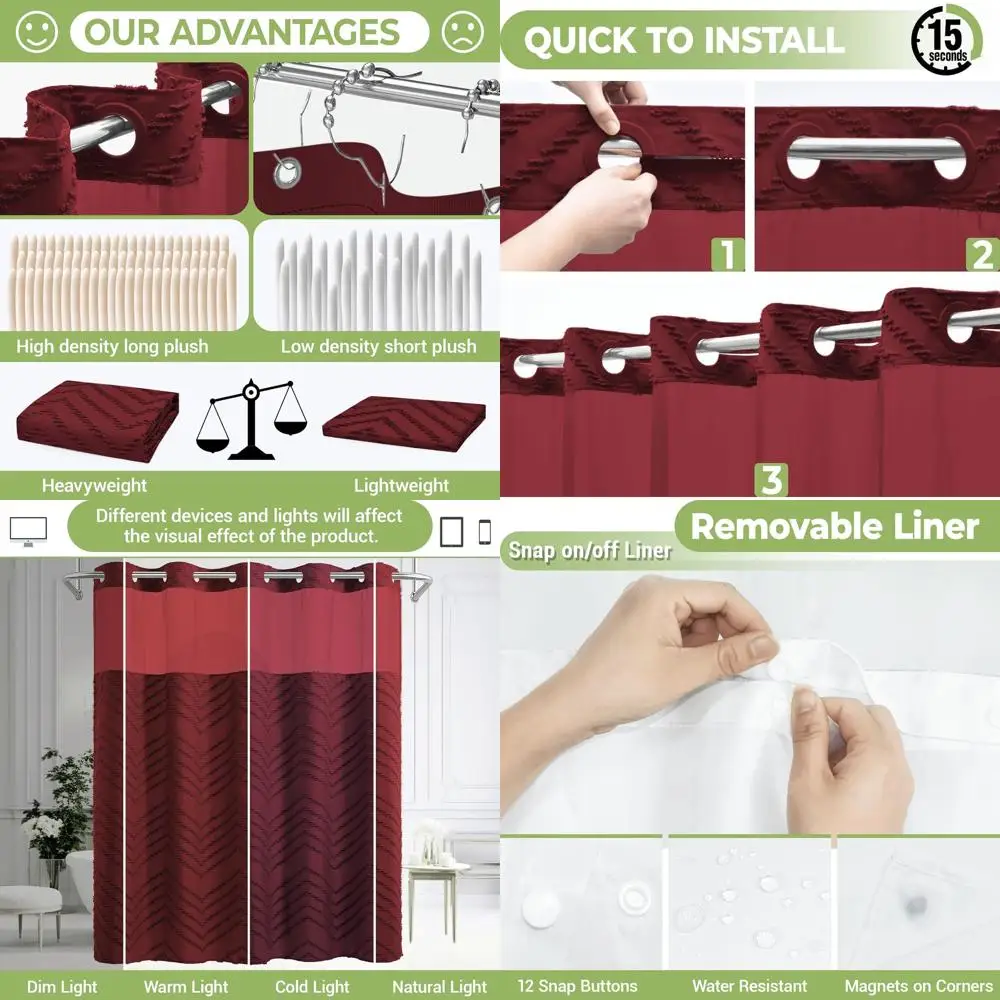 

Burgundy Tufted Chevron Shower Curtain with Snap-In Liner, Waterproof & Washable, 71 x 86 for Boho Bathroom Decor