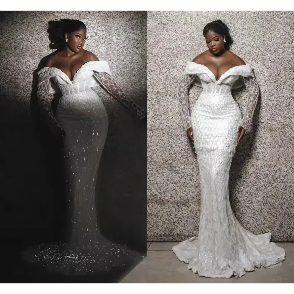 

Luxurious Mermaid Lace Bead African Women's Wedding Dress Sexy V-neck Long Sleeved Ball Bridal Dress Vestido de Novia Customized