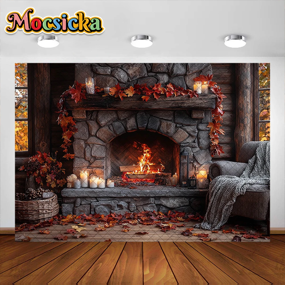 Осенний фон для фотосъемки с изображением кленового листа и камина