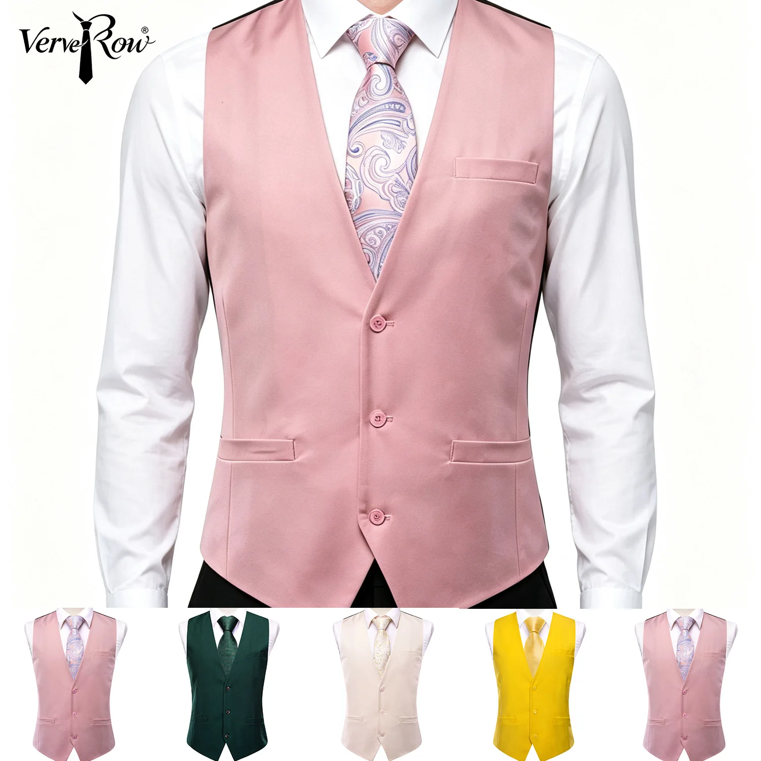 VerveRow Men Matte V‑Neck Solid Waistcoat , Multi‑Colors Dusty Pink/Dark Green/Beige/Yellow For Wedding Banquet