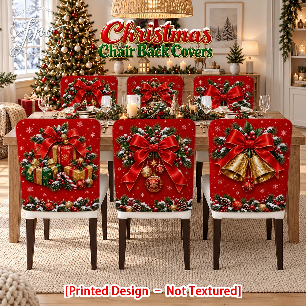 2/4/6pc Christmas Chair Back Covers Red Xmas Dining Chair Slipcovers with Bells Wreath Gift Box Designs for Holiday Home Decor