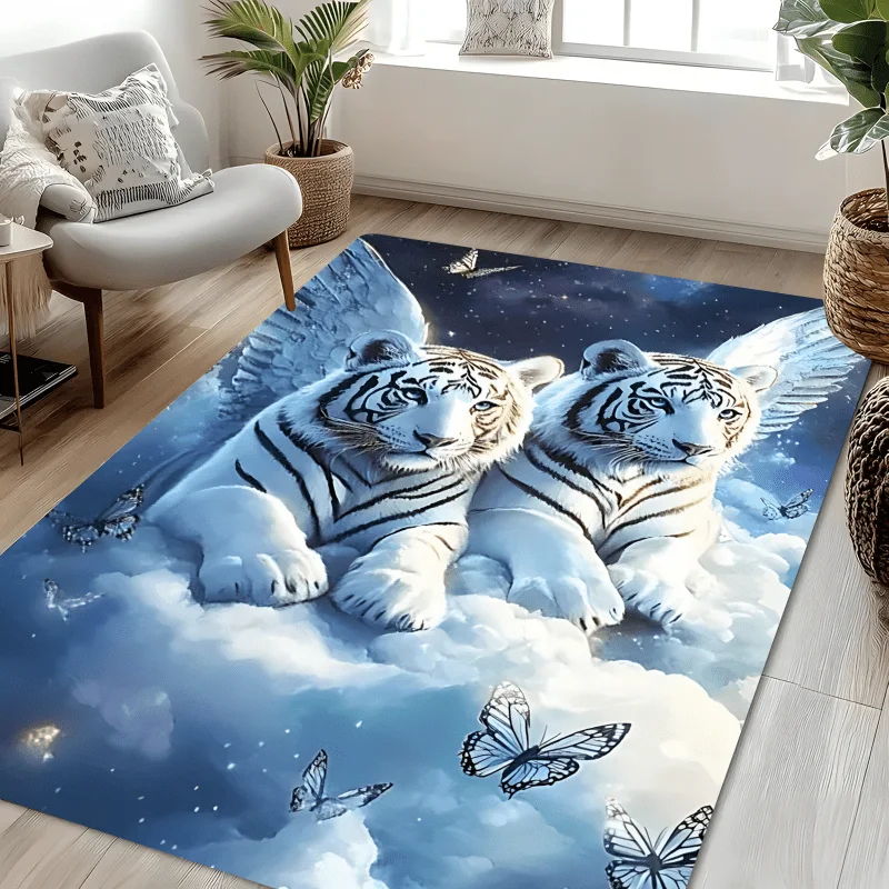 White Tiger Angel Wings Flannel Rug Clouds Stars Butterflies Floor Mat Soft Non-slip Area Carpet for Living Room Bedroom Decor