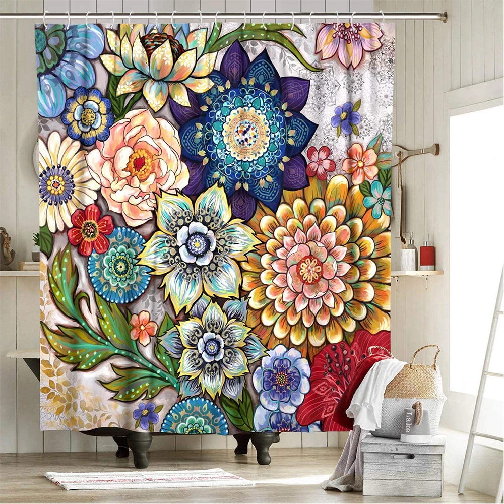 

Colorful Bohemian style Flowers Plants Curtain Waterproof Bathroom Curtain Waterproof Bath Curtain Shower Curtain With 12 Hook