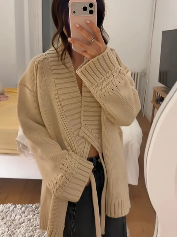 Chic V-neck Knitted Lace-up Women Cardigan Elegant Solid Full Sleeve Loose Cropped Sweater 2026 Lady Commute Office Cardigans