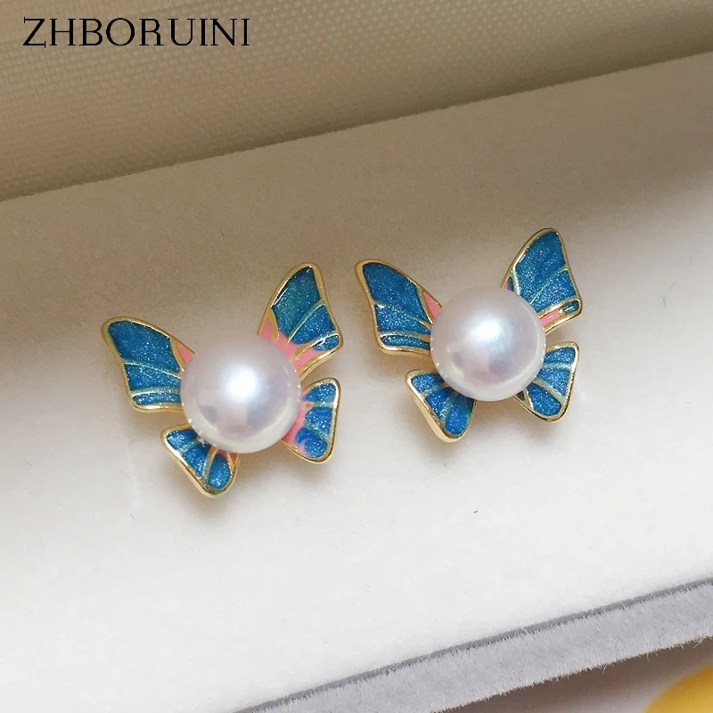 ZHBORUINI 2024 Coloured Drawing Enamel Stud Earring Real Natural Pearl 14k Gold Gilled Butterfly Pearl Earrings For Women Gift