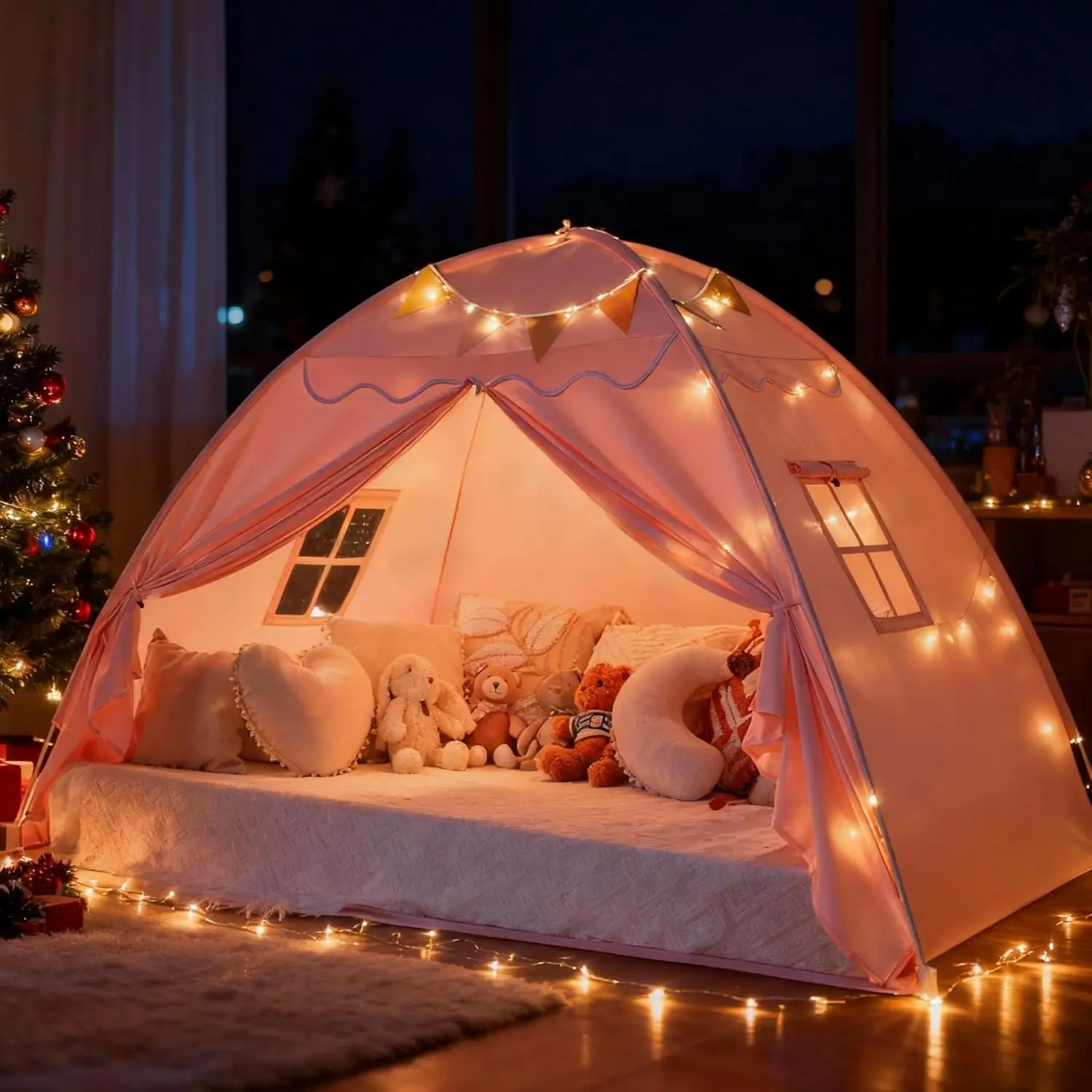 

Портативная палатка-кровать для малышей с подсветкой и флажками - складной игровой домик для девочек, розовый цвет