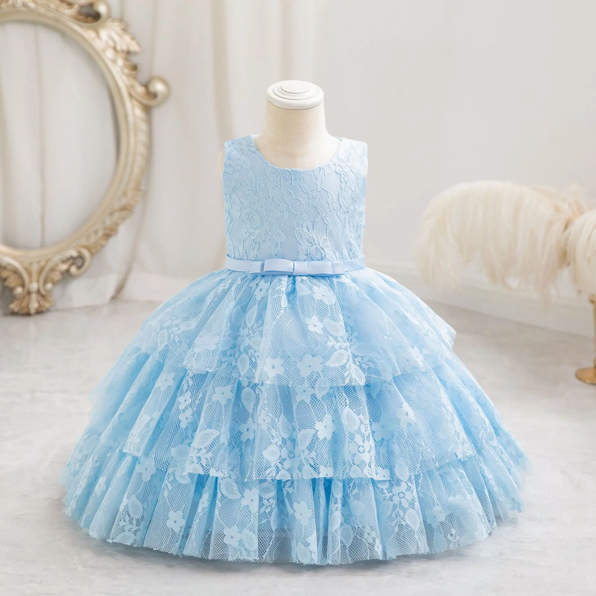 2024 New Children Girls Party Dress for Kids Short sleeve Solid Child Clothes Flower Girl Birthday Princess Dress Dance 1-3Y