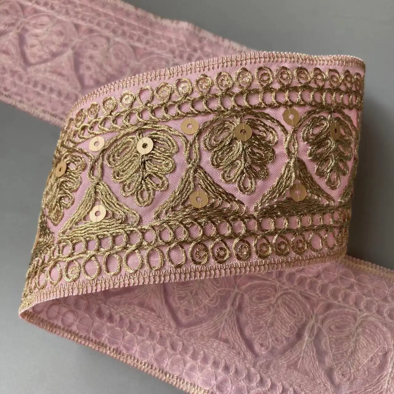 1 Yard Pink Gold Thread Lace Fabric Trim Ethnic Style Clothing Sequins Embroidered For Curtain Shoes Jacquard Ribbon Accessories