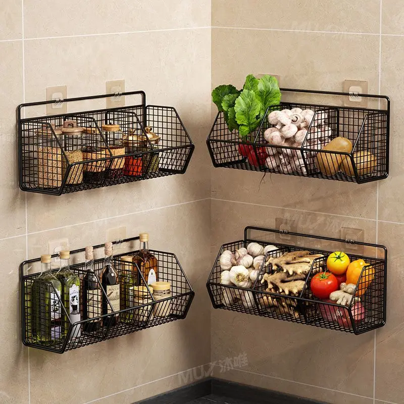 Wall Mounted Kitchen Storage Rack Garlic Ginger Organizer No Drilling Hanging Baske