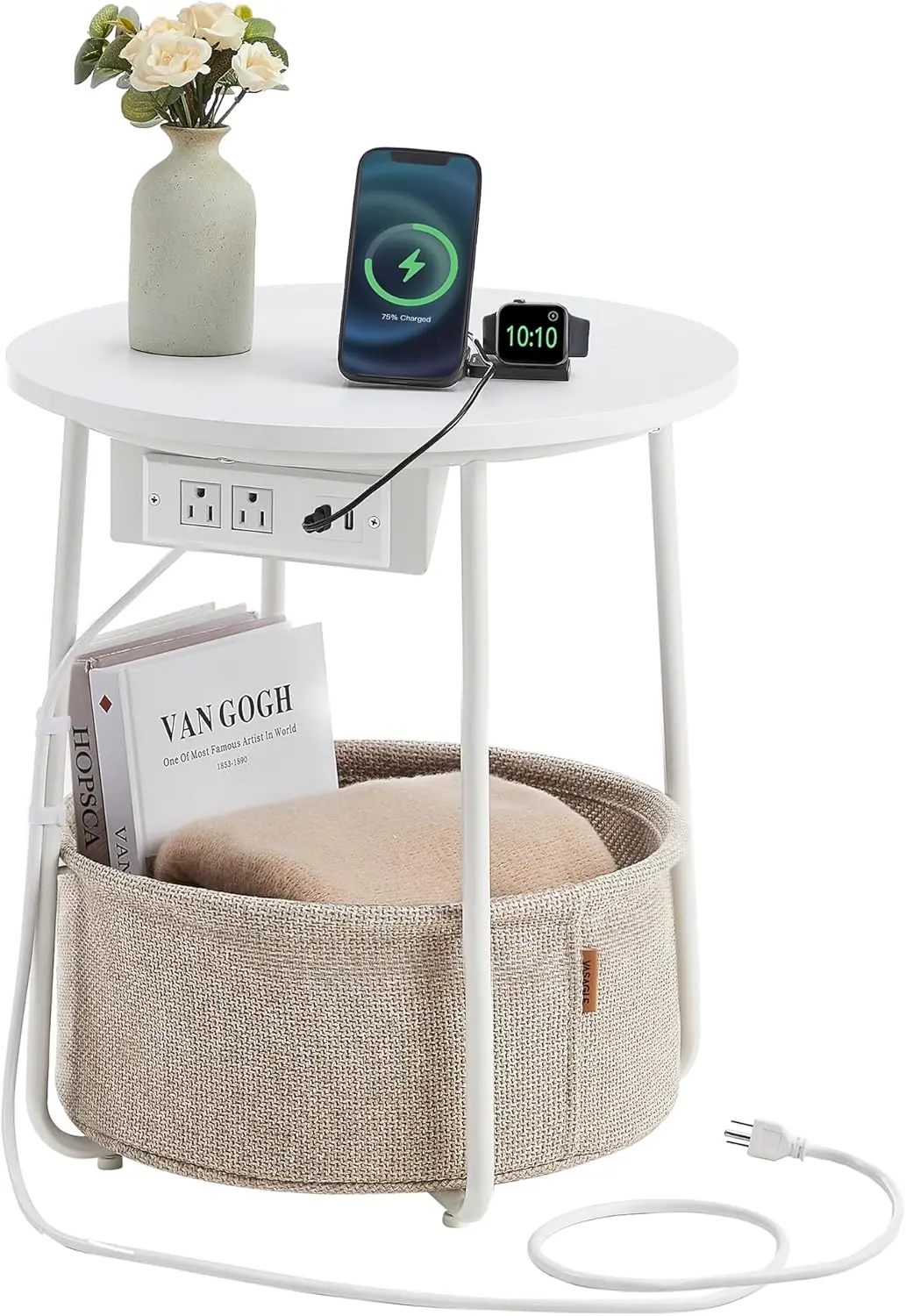

Round Side Table with Charging Station, Fabric Basket, USB Ports for Living Room Bedroom Modern Matte White Camel Brown