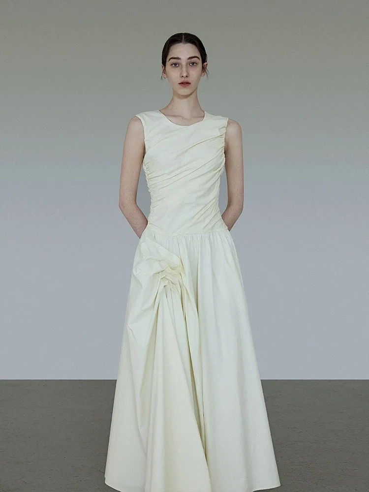 E Vestido Blanco sin Mangas con Corte en A, Diseño Sensacional 2024, Falda Larga de Cintura Alta, Fibra de Poliéster, ...