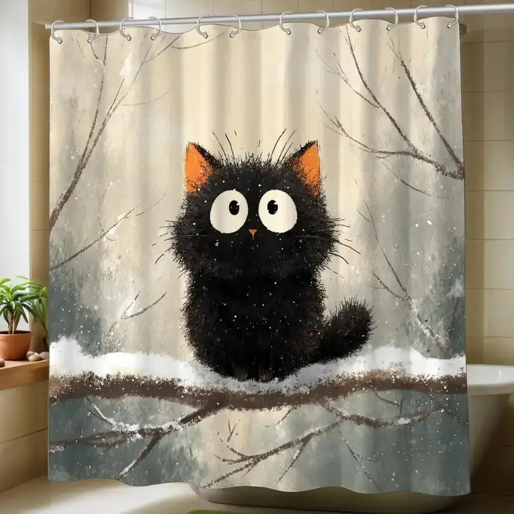 Cute Black Cat Winter Shower Curtain Waterproof Polyester Bathroom Home Decor Novelty Tapestry Storage Liner Modern Forest Art