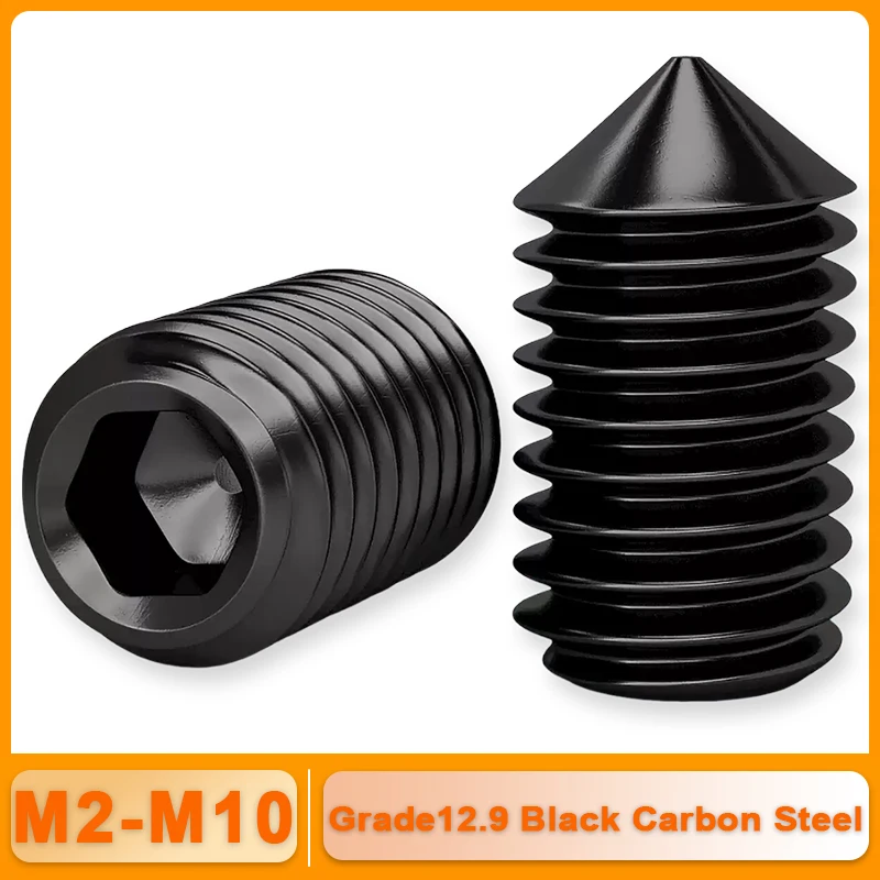 M2 M2.5 M3 M4 M5 M6 M8 M10 GRADE 12.9 Black Carbon Steel Hex Hexagon Allen Head Socket Screw Cone Point Grub Set Screws Bolts