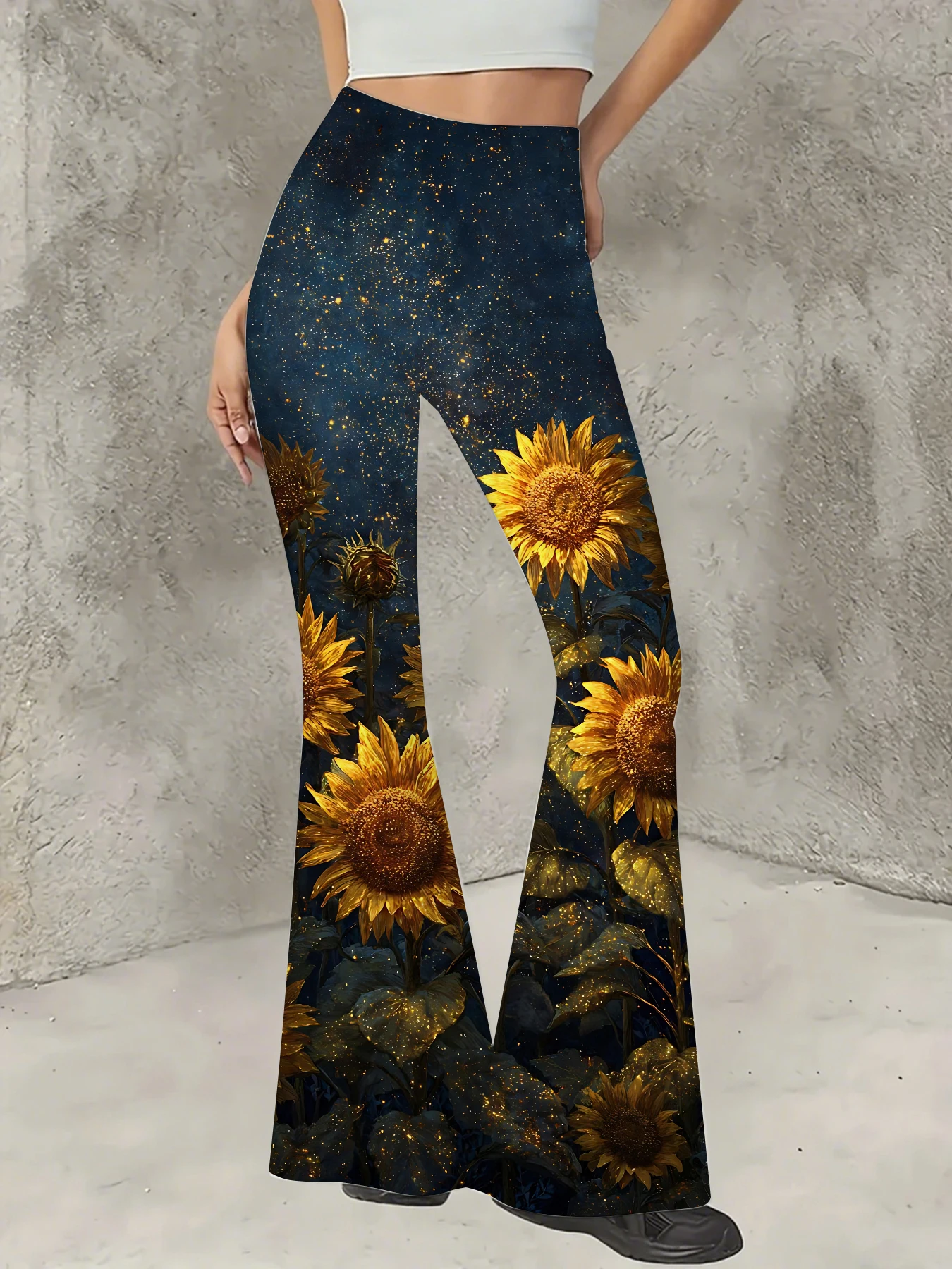 

Retro Printed Flare Pants Women High Waist Polyester Knit Bell Bottom Trousers
