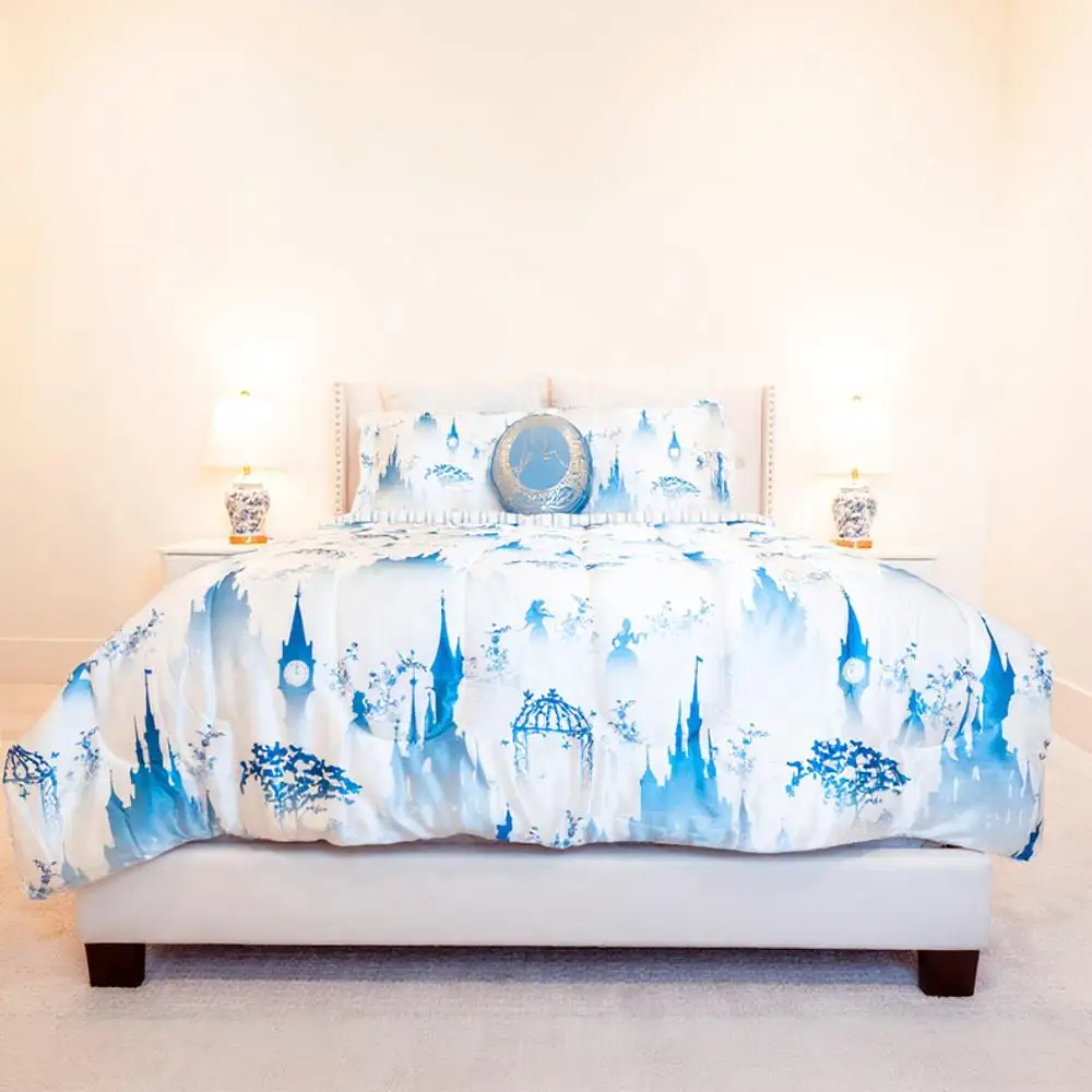 

Princess Blue White Satin Roped Trim 3 Piece Comforter Sham Bedding Set for Queen Size All Ages