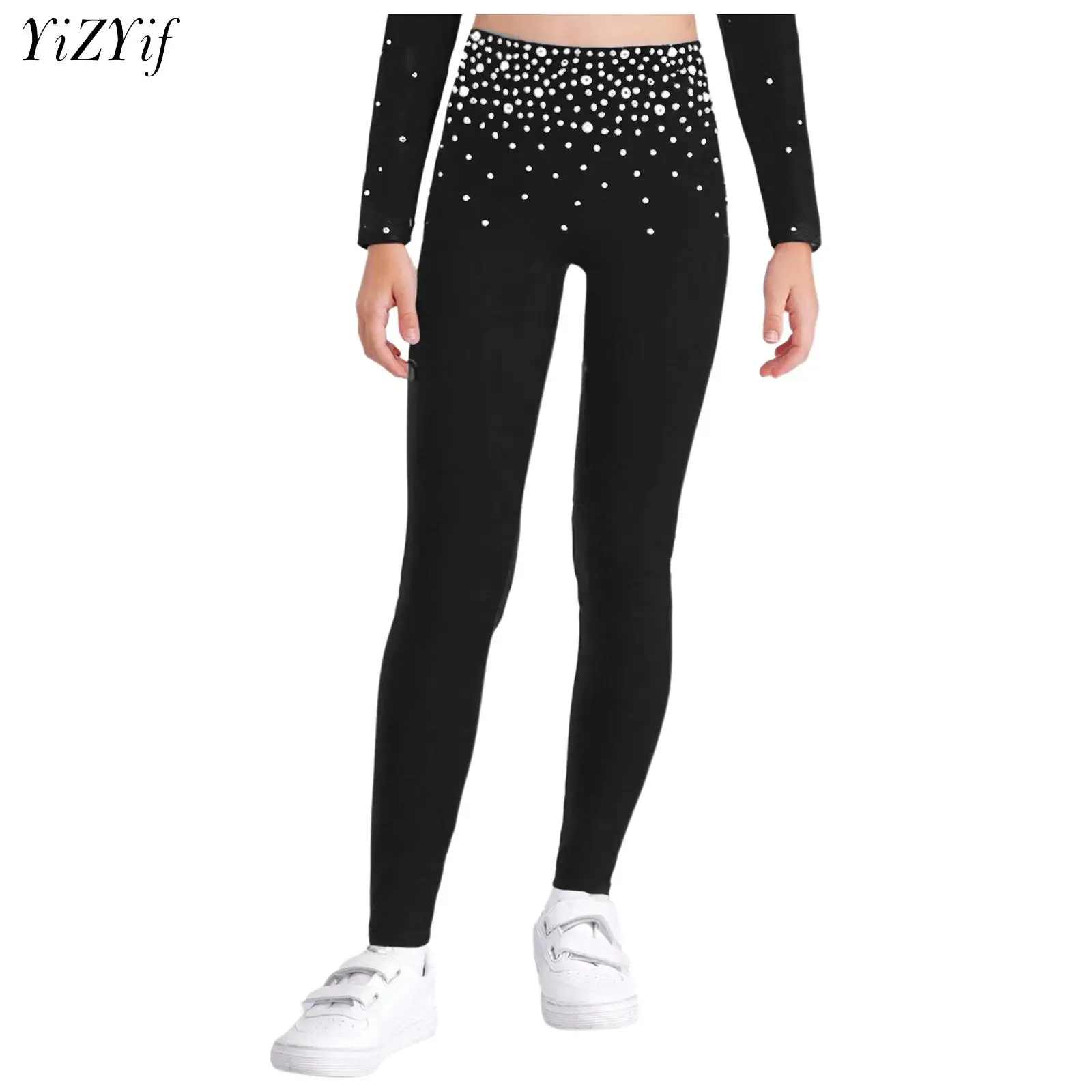 

Kids Girls Shiny Rhinestones Figure Skating Pants Tights Leggings Ice Skating Gymnastics Workout Stage Performance Costume