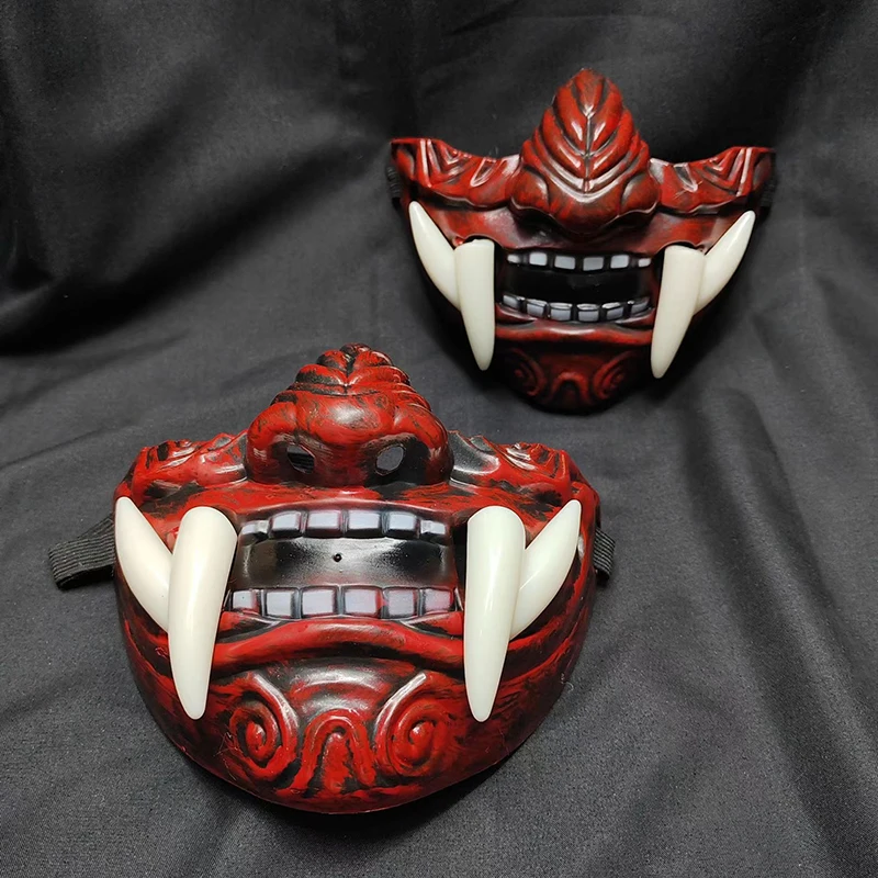 Halloween Masquerade Red Prajna Mask Cosplay Noh Japanese Latex Half Face Grimace Fangs Funny Scary Ghost God Wizard Masks