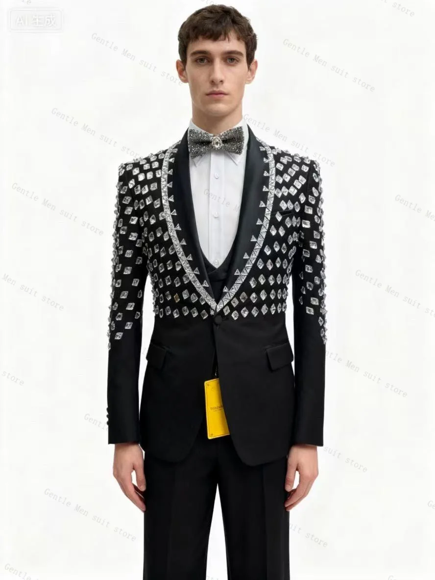 أسود بلورات الرجال البدلة مجموعة 2 قطعة السترة + السراويل بنطلون القطن الزفاف البدلات الرسمية مكتب سترة حفلة موسيقية معطف مخصص