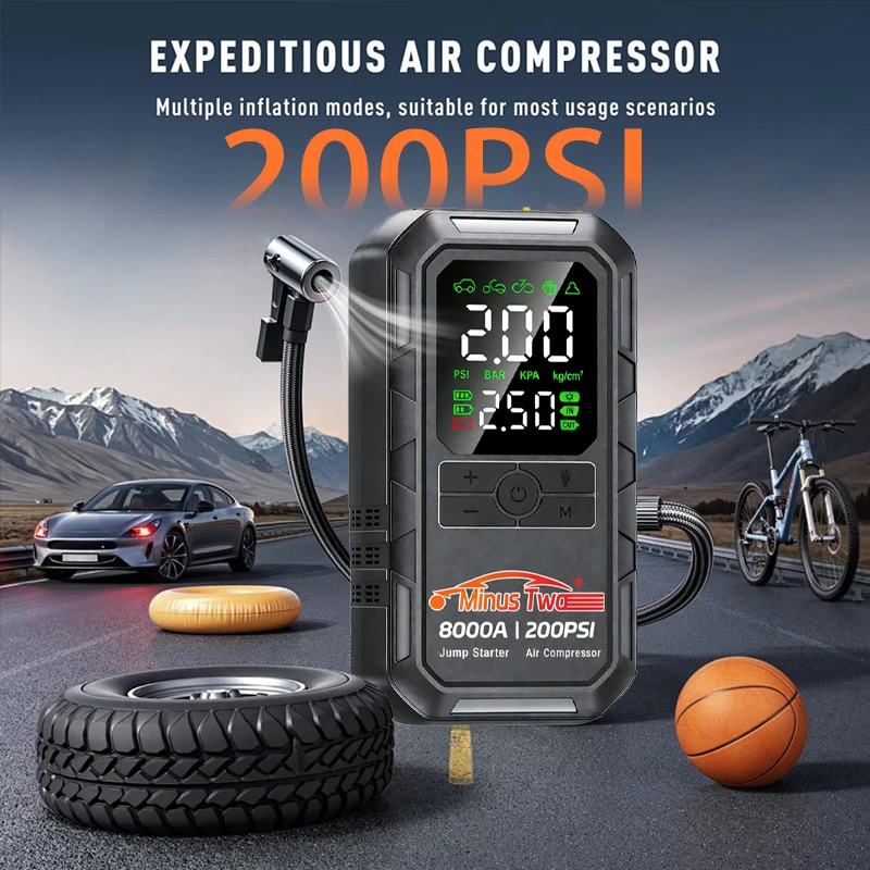 

Автомобильное пусковое устройство 8000A с воздушным компрессором 200PSI, портативный бустер для аккумулятора, внешний аккумулятор, насос для подкачки шин