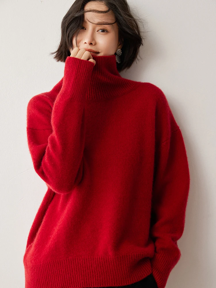 Women Autumn Winter 100% Goat Cashmere Turtleneck Pullover Sweater Soild Soft Light Luxury Loose Basic Versatile Knitted Tops