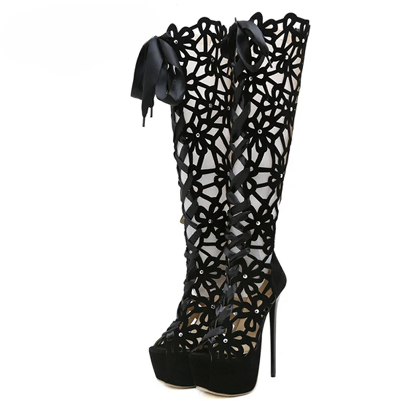 16CM Ultra Thin High Heels Sexy Nightclub Hollow Out Over The Knee Boots Women Peep Toe Lace-Up Zip Platform Shoes Sandals