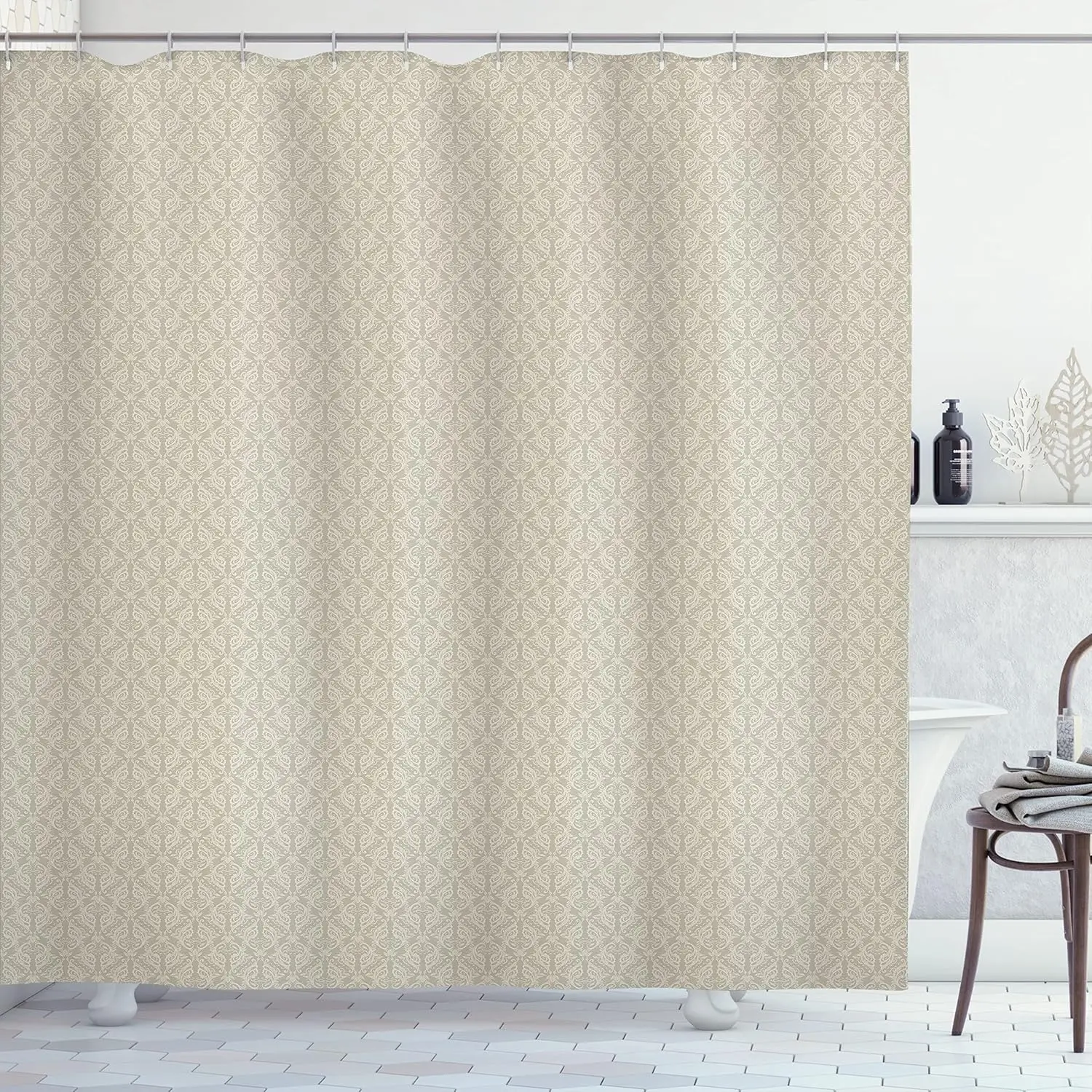 Beige Damask Pattern Shower Curtain Elegant Classic Design Bathroom Decor Linen180x200
