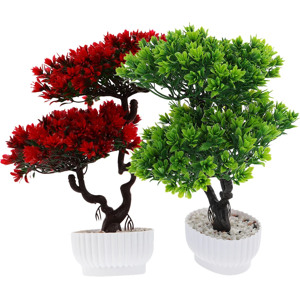 

2Pcs Artificial Guest greeting Pine Bonsai Simulation Flower Potted Plants Home Decor Red Green Fake Adornments Easy
