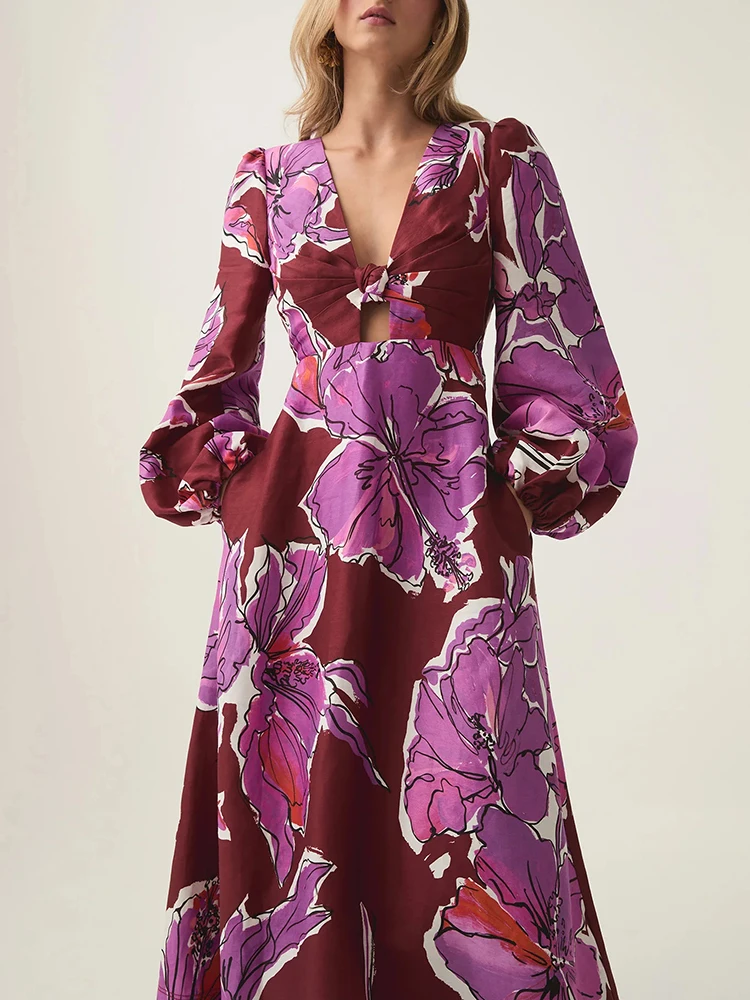 VGH Elegant Printing Slimming A Line Dress For Women Deep V Neck Long Sleeve High Waist Temperament Dress Female Fashion Style