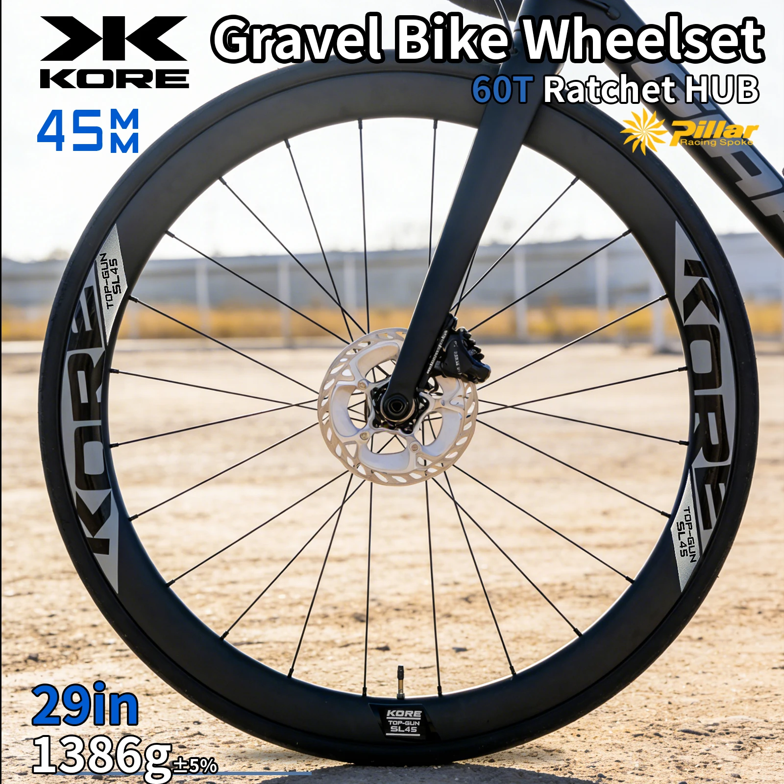 

Kore 45mm Rim Gravel Bike 29 Inch Boost Standard Disc Brake WheelSet Depth, Ultra Light 1386g with Pillar Spokes