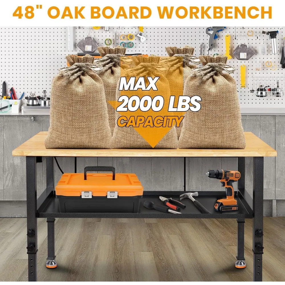 โต๊ะทำงานปรับระดับได้สำหรับงานหนัก พร้อมท็อปไม้ยางพารา ช่องเสียบปลั๊กไฟ ฉากกั้น และรับน้ำหนักได้ 2000 ปอนด์ สำหรับใช้งานในอุตสาหกรรม