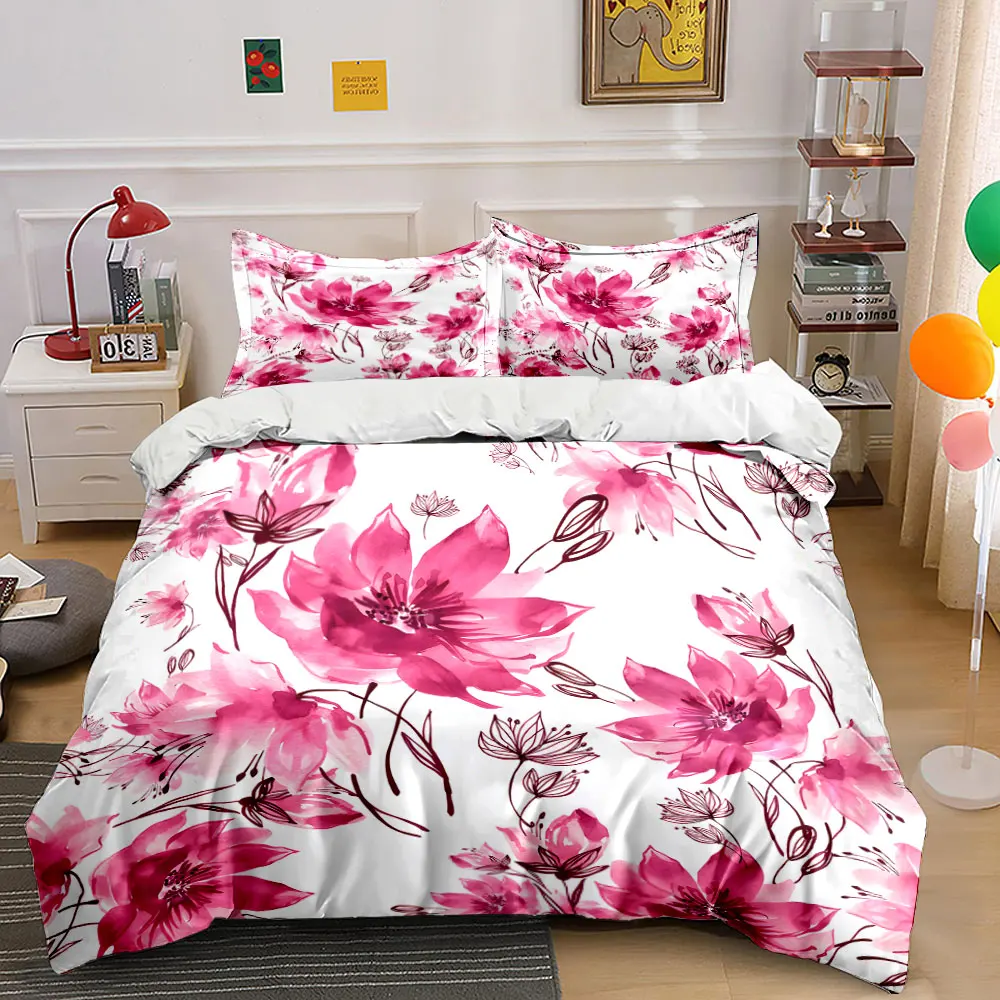Pink Hand-Drawn Floral Artwork Print Bedding Set 1 Duvet Cover 2 Pillowcases for Adult and Children Luxury Gift Full Size