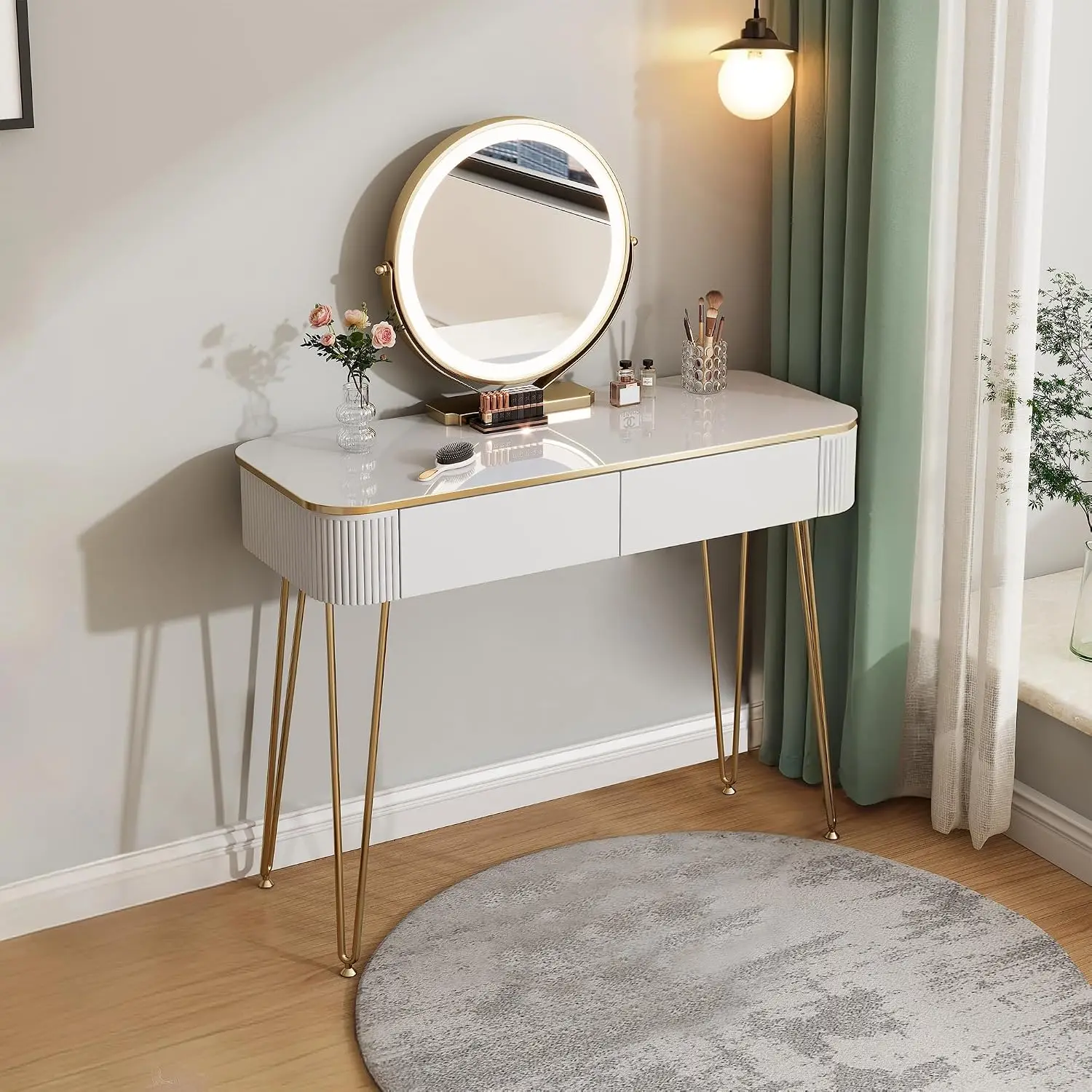 Small Vanity Desk Set with Round Mirror and Lights| 39" Modern Vanity Table with 2 Drawers| Makeup Dressing Table for, Custom