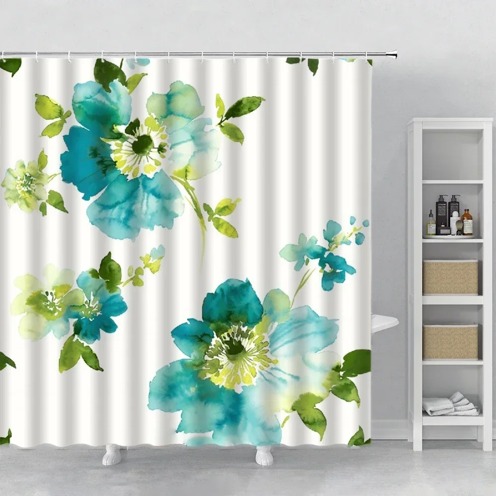 Teal Floral Shower Curtain Sets Hand Painted Watercolor Flower Plant Leaf Bathroom Curtains Home Decor Polyester Fabric Hooks