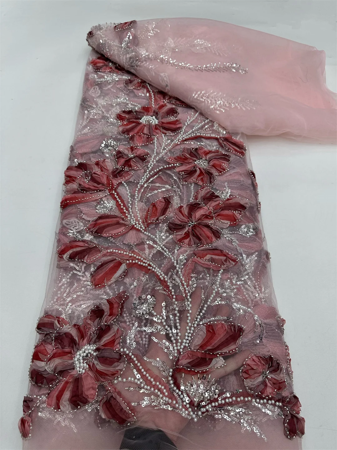

African Beaded 3D Lace Fabric 5 Yards 2025 High Quality French Nigerian Mesh Sequins Lace For Women Wedding Party Dresses Sewing