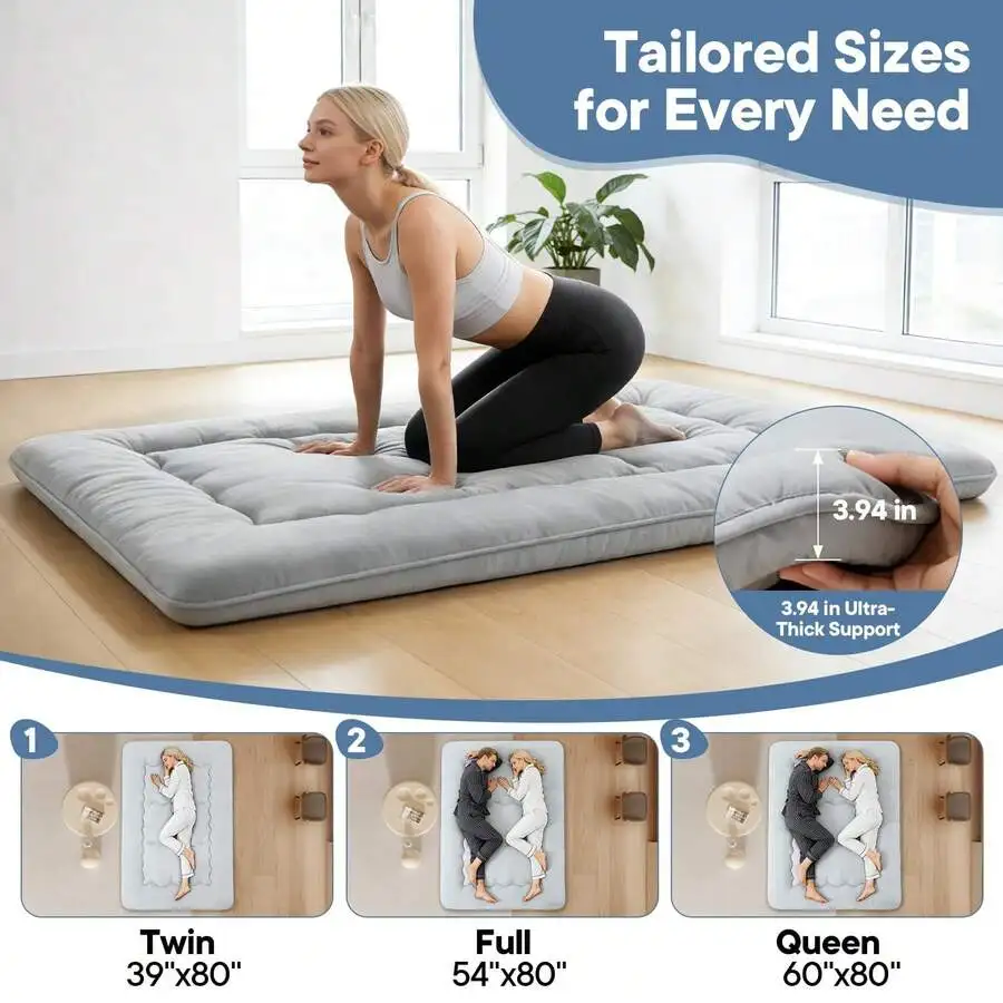 Japanese Floor Mattress Futon Mattress, 4-Inch Twin Thicken Tatami Mat Sleeping Pad Foldable Roll Up Mat Boys Girls Dormitory Pa