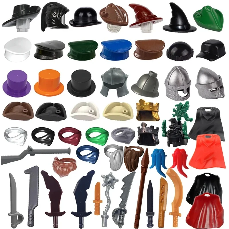 MOC Medieval Knights Building Blocks Solider Figures Accessories Wizard Farmer Craftsman Hat Cloak Mask Fire Spear Sword Bricks