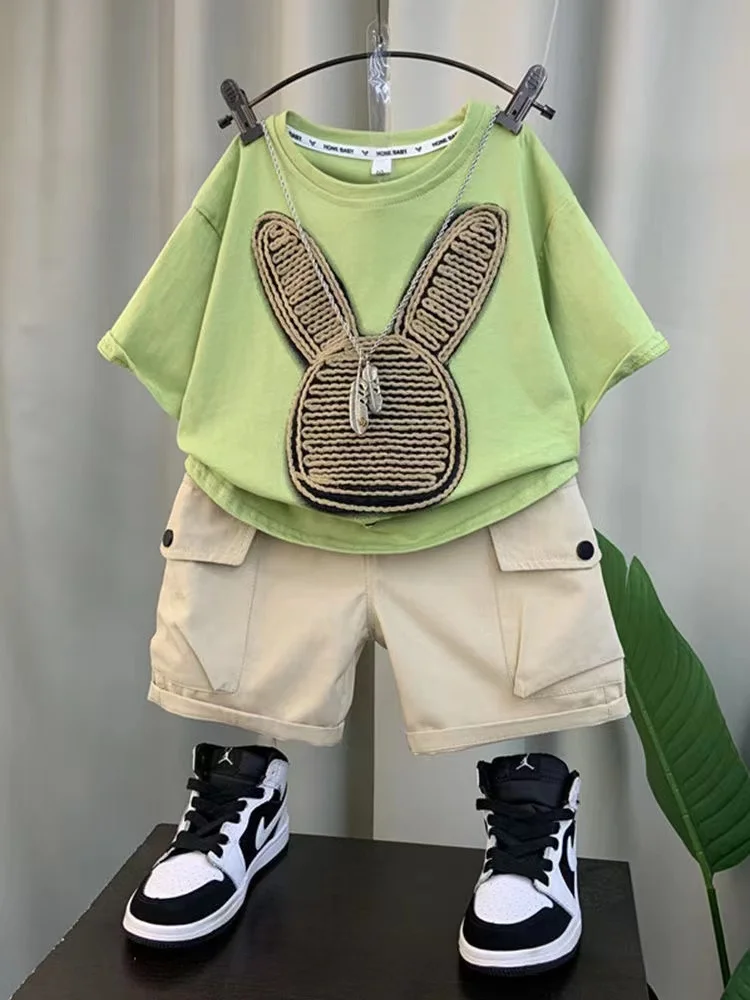 Summer Short Sleeve Suit Baby Boys Clothes Kids Outfits Cartoon T-Shirt Tops And Khaki Shorts 2PCS Embroidery Boutique Clothing