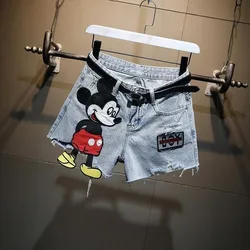 Cartoon Mickey Mouse Embroidered Hole Light-colored Denim Shorts Fashionable Personality Summer Loose Slimming Straight Shorts