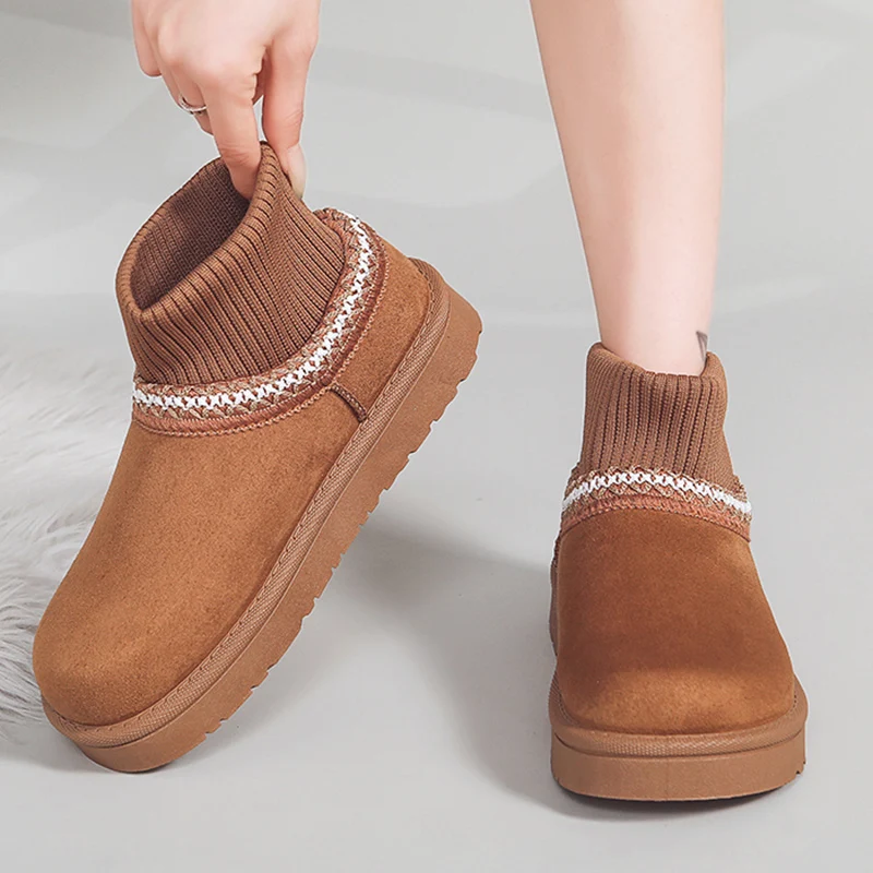 

Women's Slip On Winter Snow Boots Non Slip Knitted Patchwork Platform Ankle Boots Women Comfort Warm Cotton Padded Shoes Woman