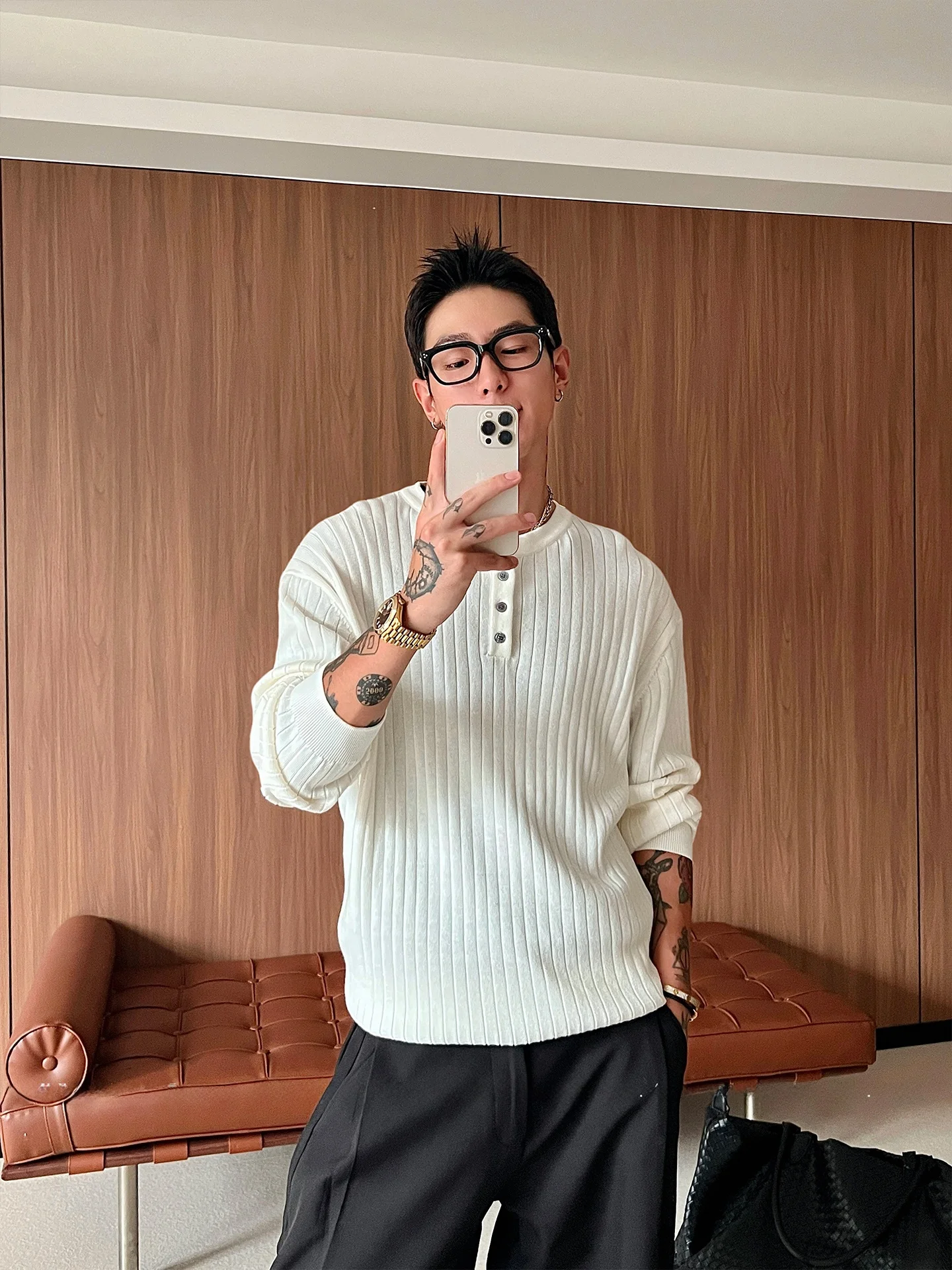 

Men's Knitted Long Sve Sweater Spring Autumn Texture Henry Collar Base irt Casual Sle Polyester Fiber round Ne Top