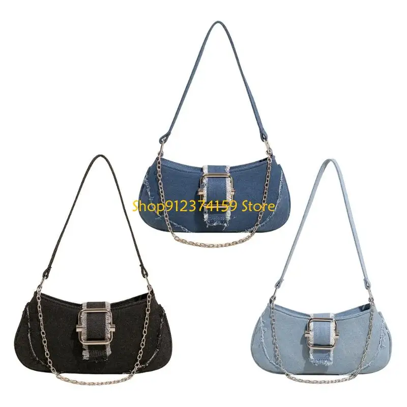 

G5AE Stylish Jean Shoulder Bag With Chain Detail For Women Casual Travel Compact Armpit Purse Outdoor Essential Handbag