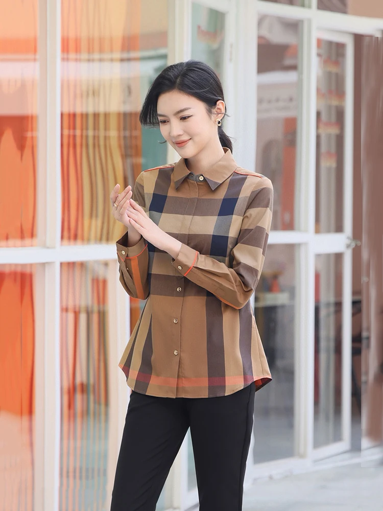 

British Style Comfortable Long Sleeve Neck Shirt Women's Casual Classic Plaid Commuter Versatile Spring Autumn Fashion
