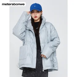 Metersbonwe-Veste en duvet courte en tissu texturé rayé pour femme, col montant, manteaux en duvet ample pour femme, hiver