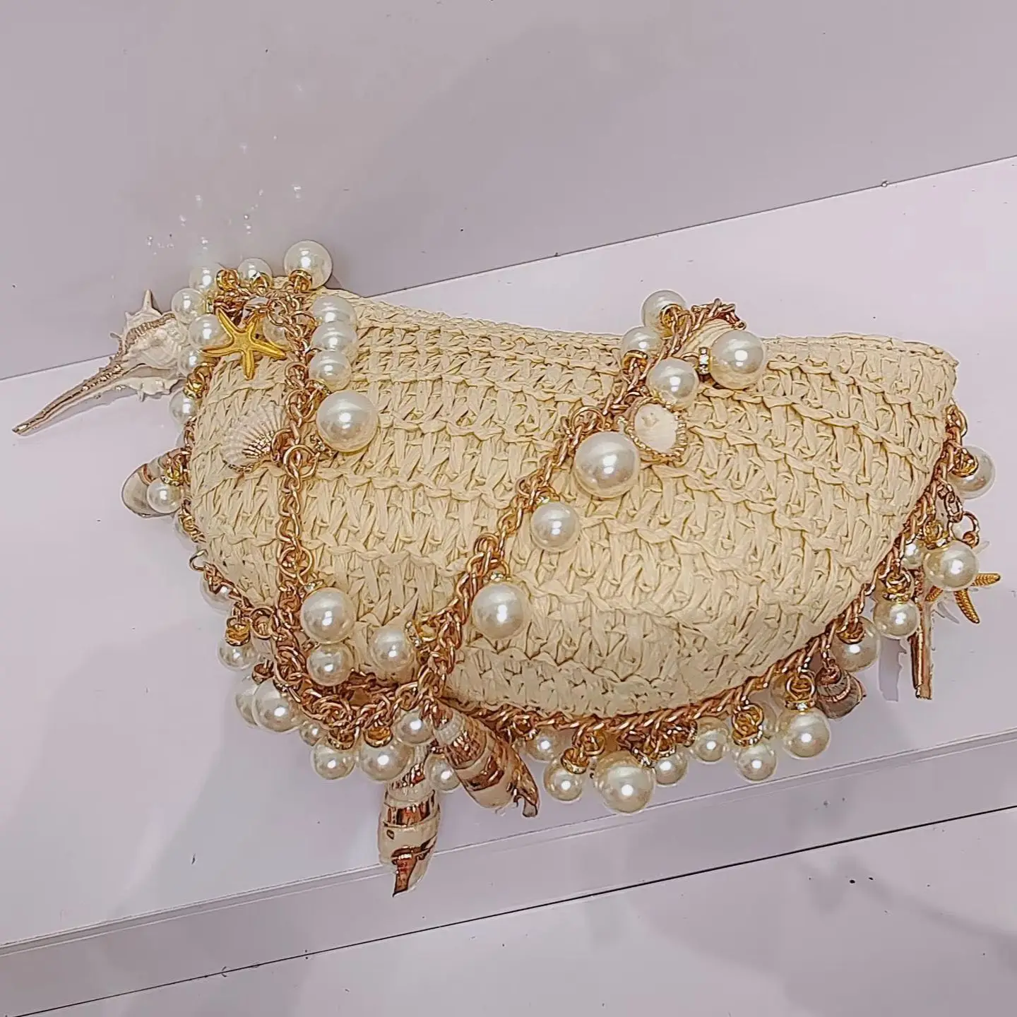Handmade Pearl Conch Straw Woven Bag For Women Summer Holiday Beach Wrapped Handbags Ladies Handheld Crossbody Bags Totes Hobos view 5