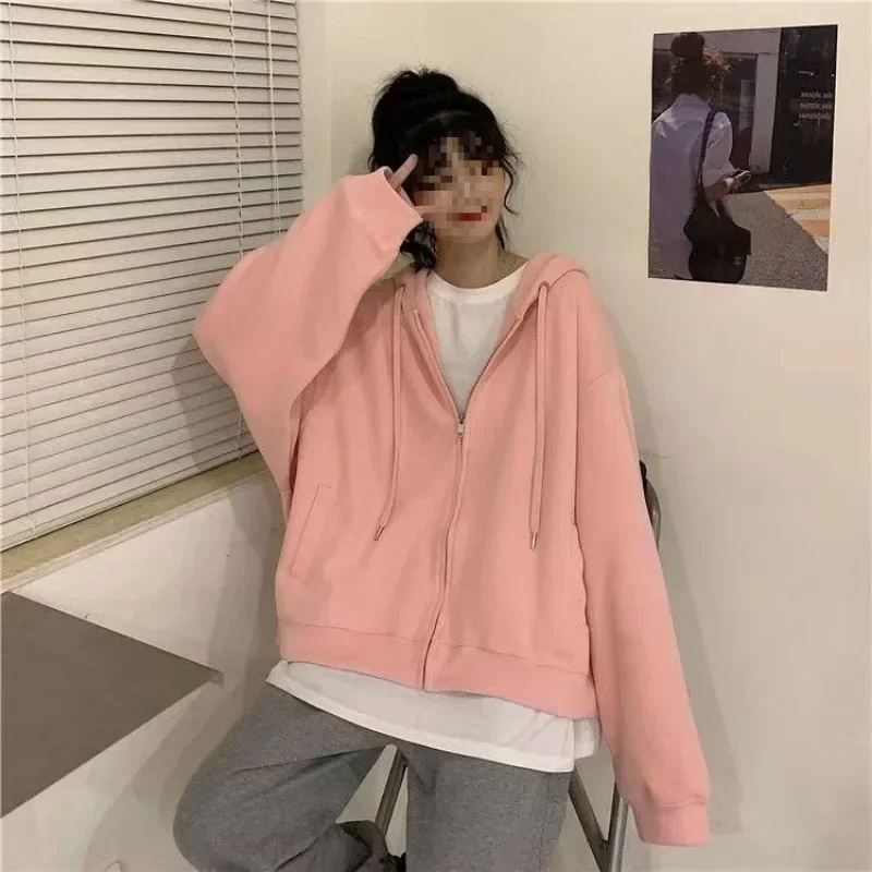 Korean Casual Zip Up Oversized Hoodies For Women Winter Harajuku Warm Fleece Thicken Hooded Sweatshirt Streetwear Y2k Tops
