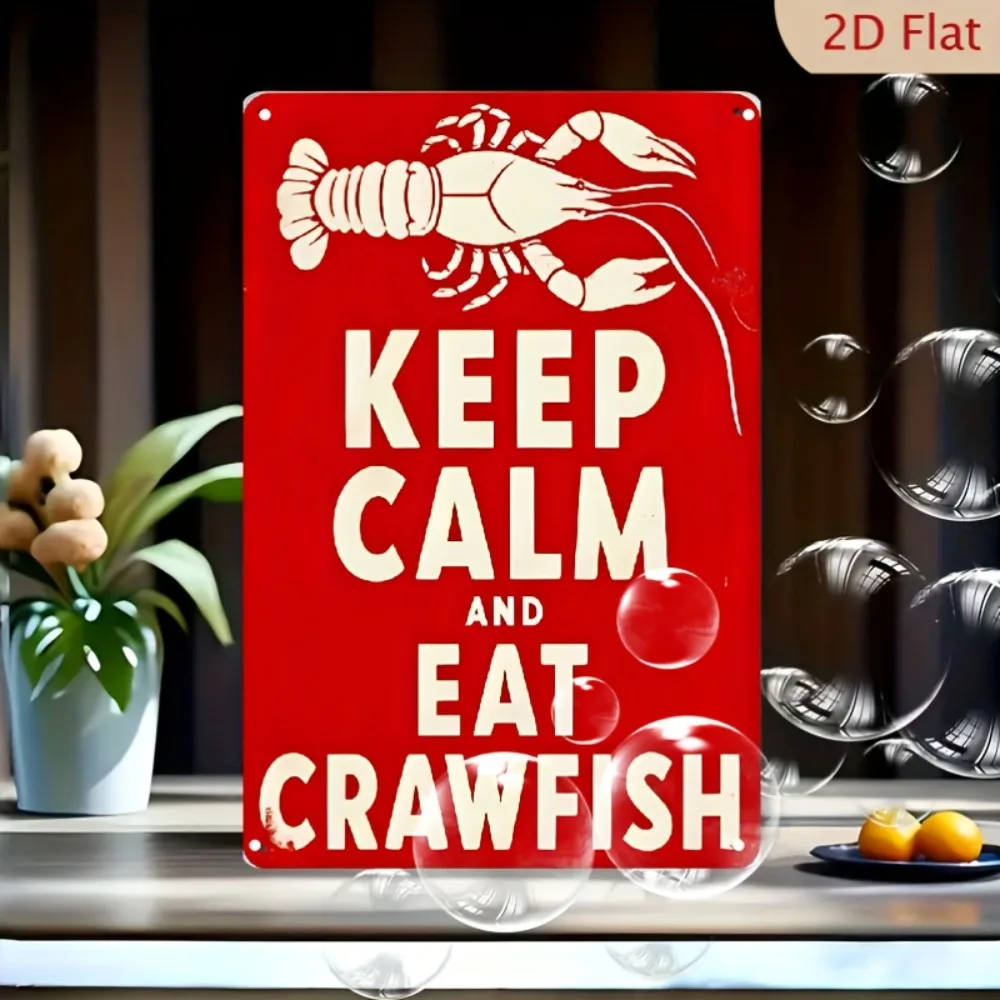 Vintage Keep Calm and Eat Crawfish Metal Sign - Funny Cajun Cooking Decor, Red Background, Pre-Drilled Holes for Easy Hanging