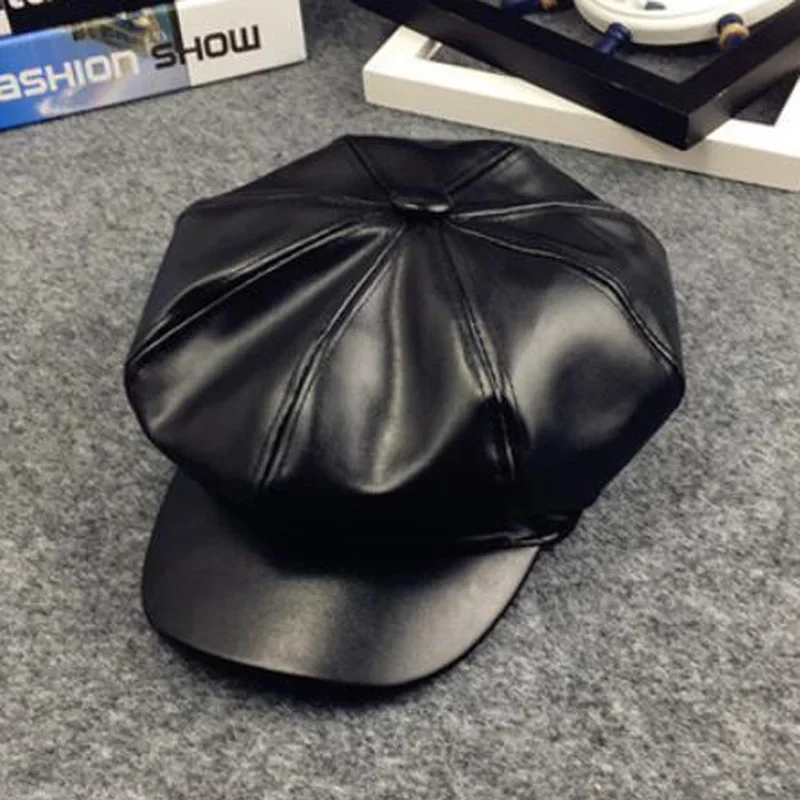 PU Leather Simple Children Beret Elegant Girls Female Hats Vintage Octagonal Casual Boina Autumn Cap 4-11Year Old